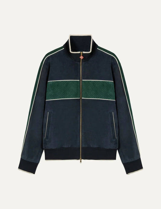 Casablanca men's navy and green goat suede track jacket with monogram chest panel, contrast piping, high collar and gold zip closure.