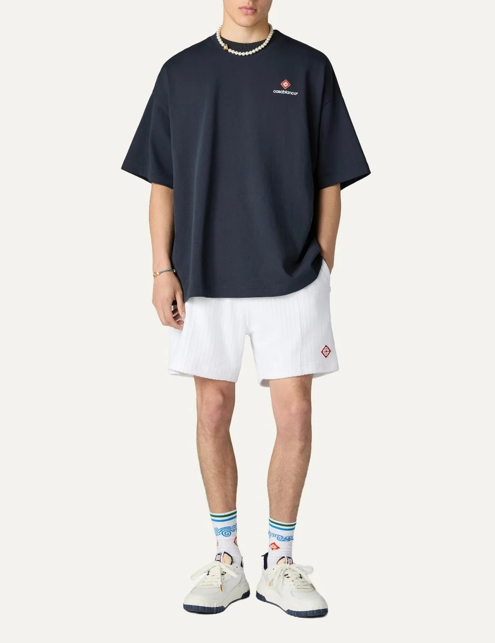 Casablanca men's navy organic cotton oversized T-shirt with Diamond logo full body