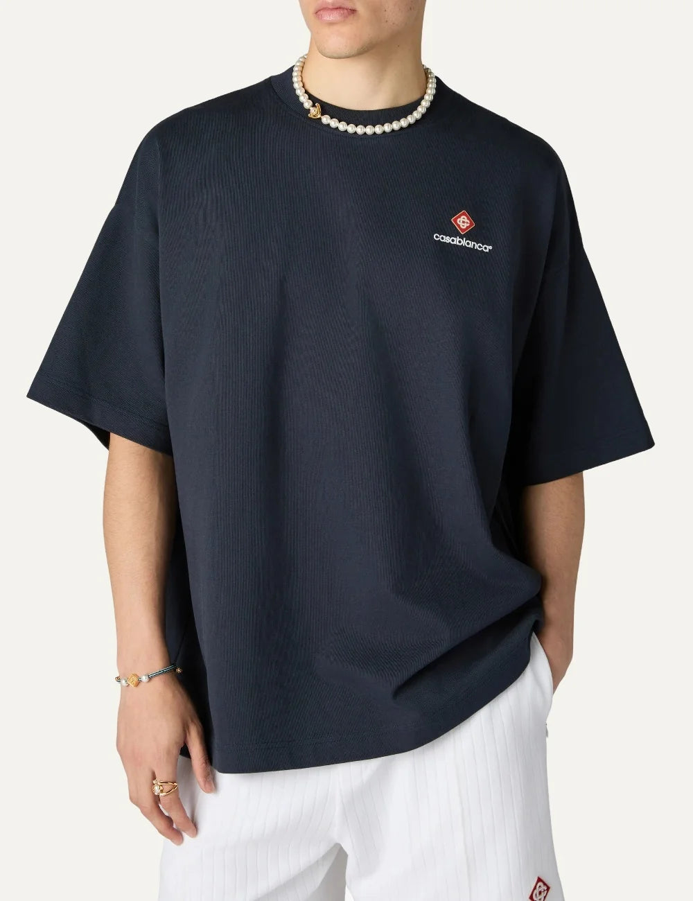 Casablanca men's navy organic cotton oversized T-shirt with Diamond logo model