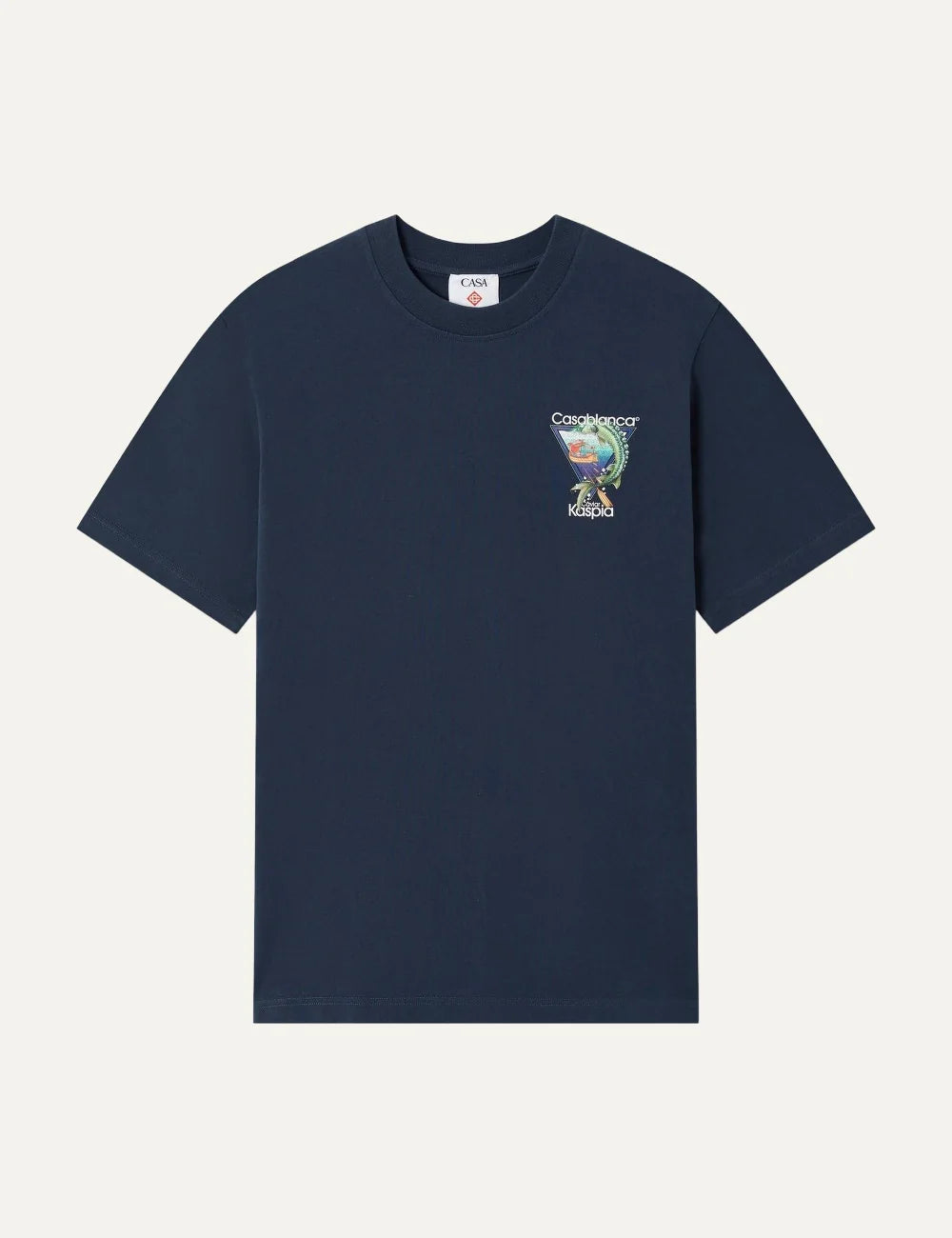 Casablanca men's navy organic cotton T-shirt with Caviar Kaspia graphic print