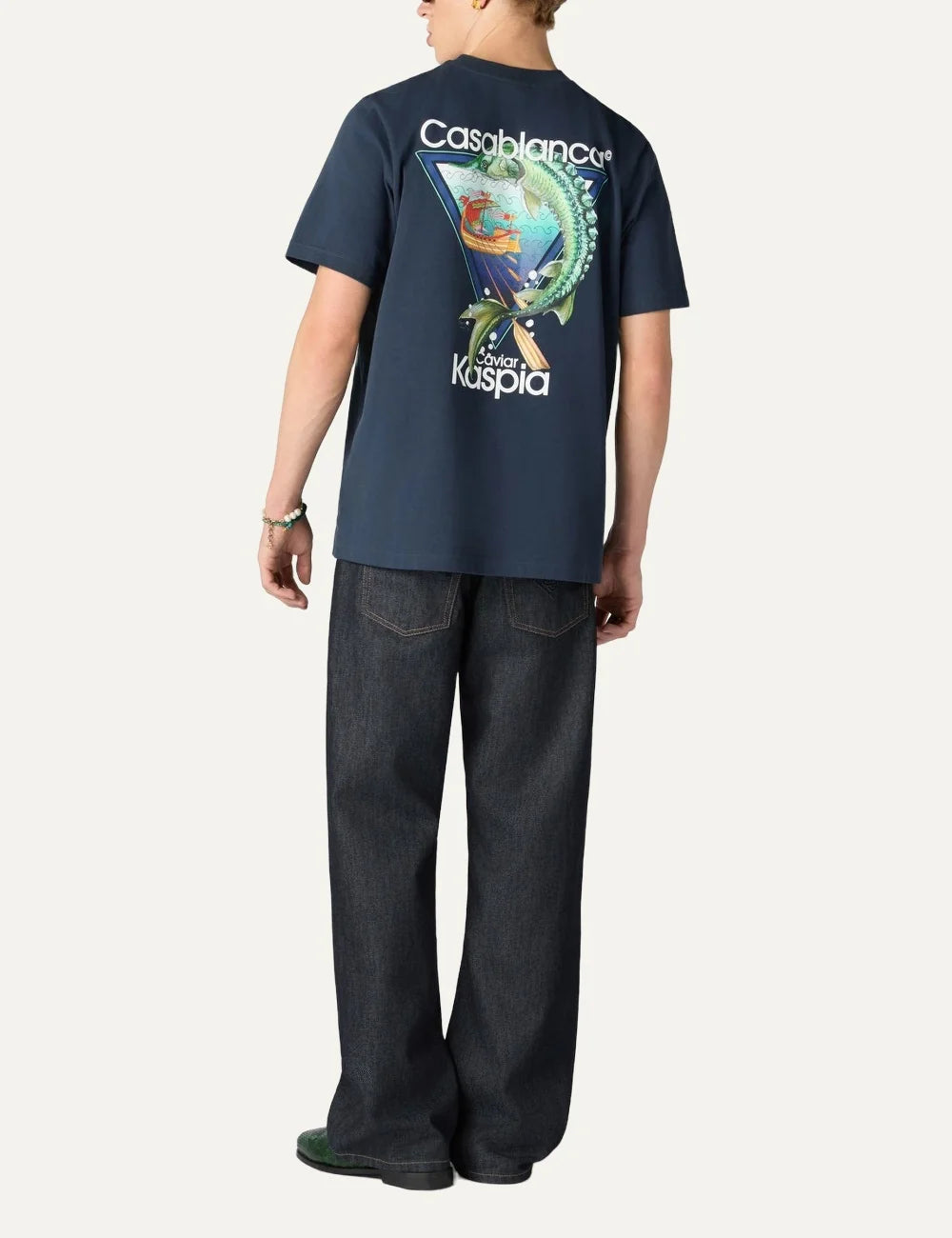 Casablanca men's navy organic cotton T-shirt with Caviar Kaspia graphic print back