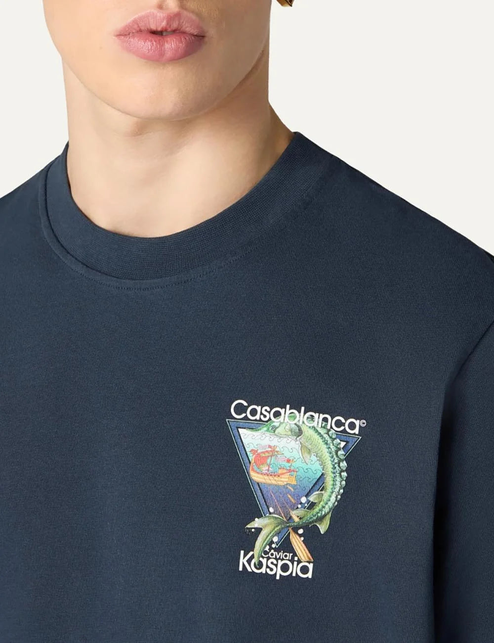 Casablanca men's navy organic cotton T-shirt with Caviar Kaspia graphic print detail