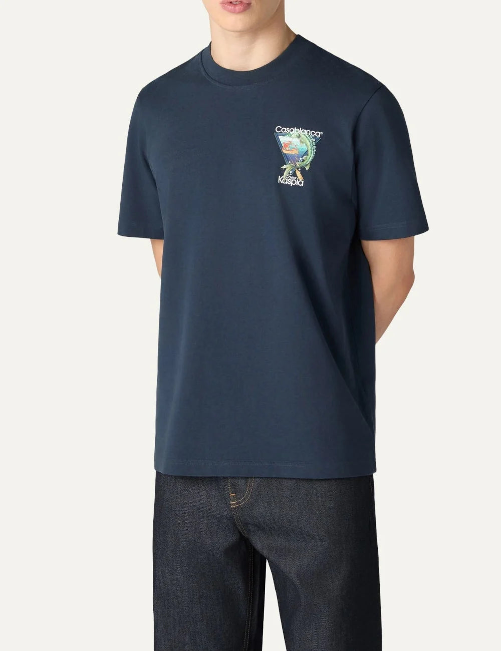 Casablanca men's navy organic cotton T-shirt with Caviar Kaspia graphic print model
