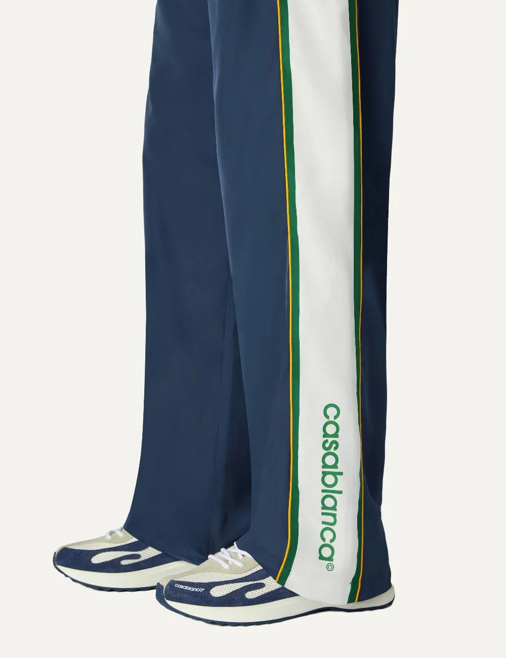 Casablanca men's navy polyester track pants with white and green stripes side