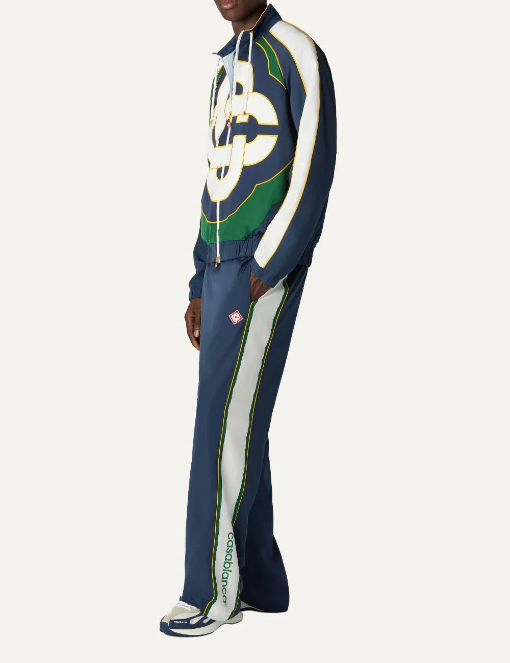 Casablanca men's navy polyester track pants with white and green stripes side