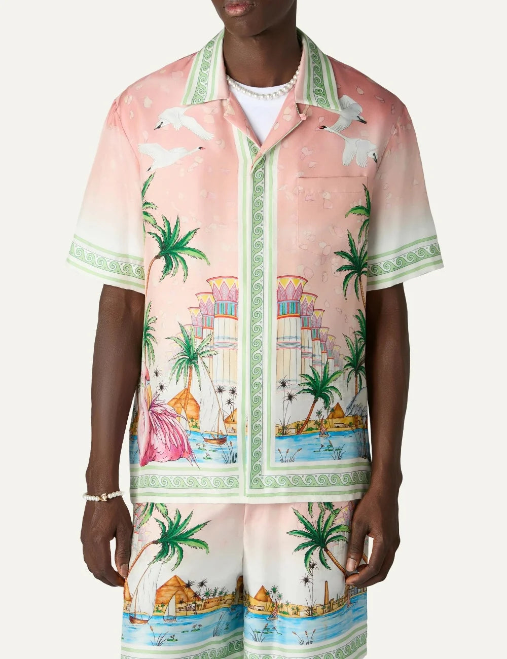 Casablanca men's pink silk shirt with Ethereal print model