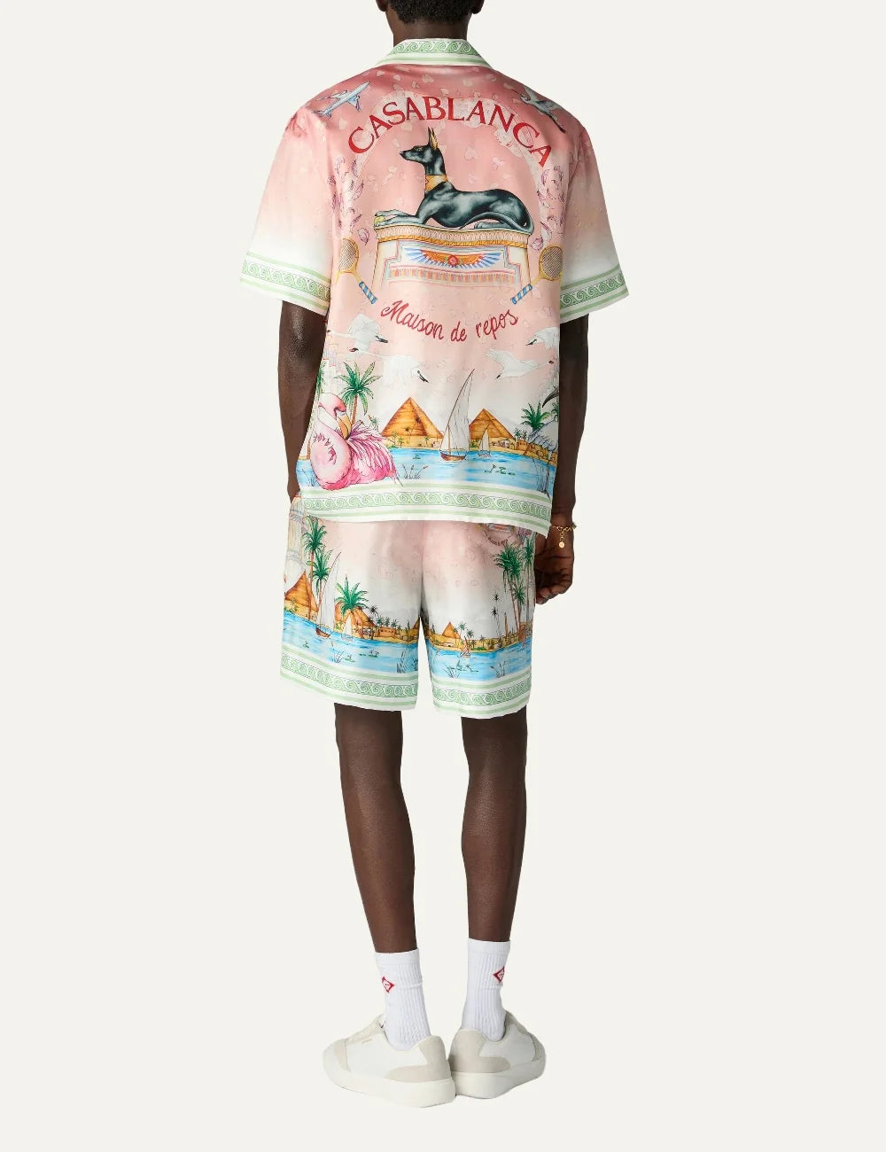 Casablanca men's pink silk shorts with Ethereal print back
