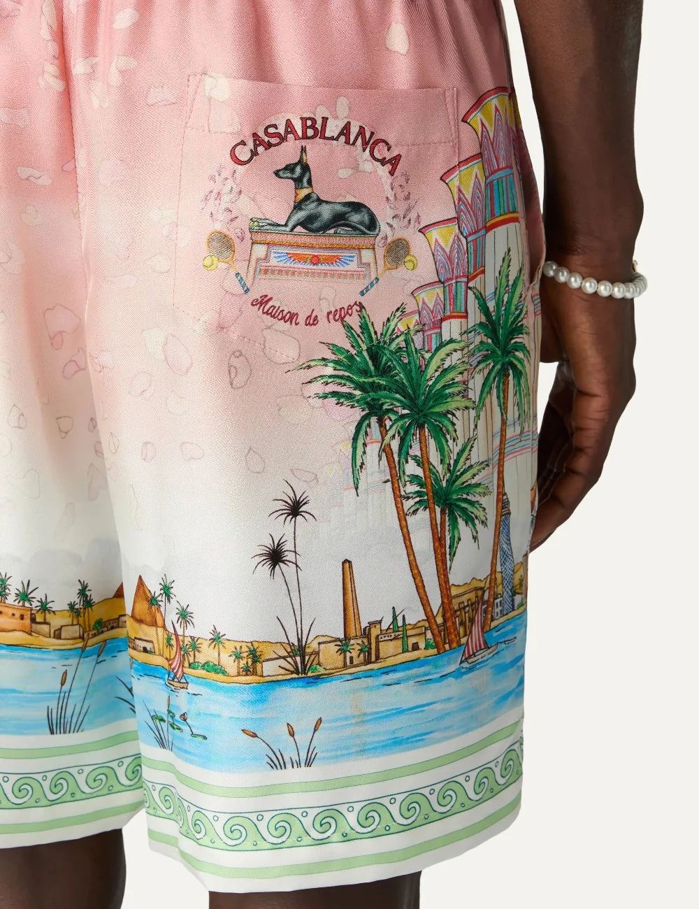 Casablanca men's pink silk shorts with Ethereal print back detail