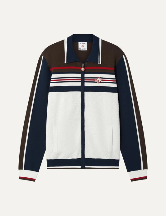 Casablanca men's white, brown and navy Café Stripe track jacket with red striped details, diamond logo embroidery and front zip closure.