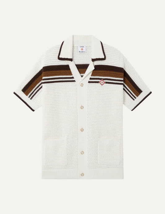 Casablanca men's white cotton crochet shirt with brown stripes