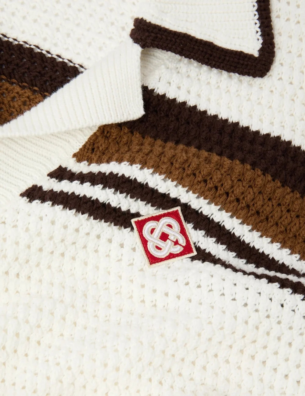 Casablanca men's white cotton crochet shirt with brown stripes detail
