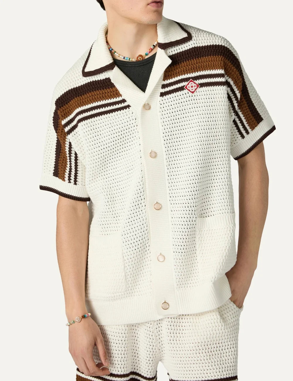 Casablanca men's white cotton crochet shirt with brown stripes model
