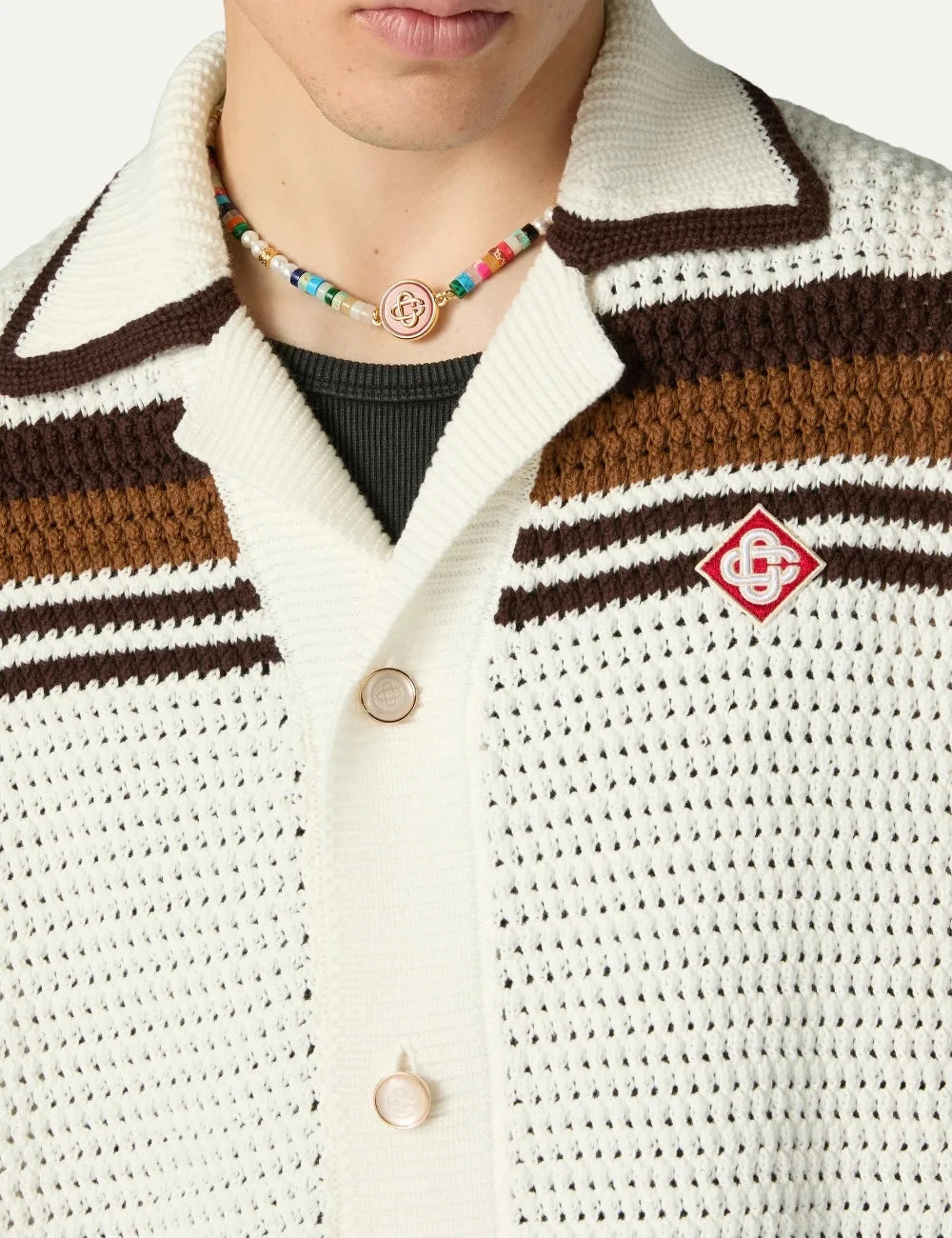 Casablanca men's white cotton crochet shirt with brown stripes detail