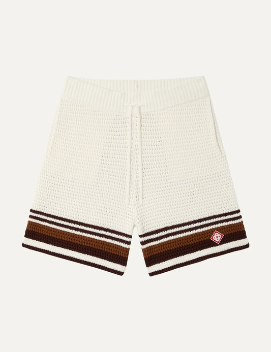 Casablanca men's white cotton crochet shorts with brown stripes