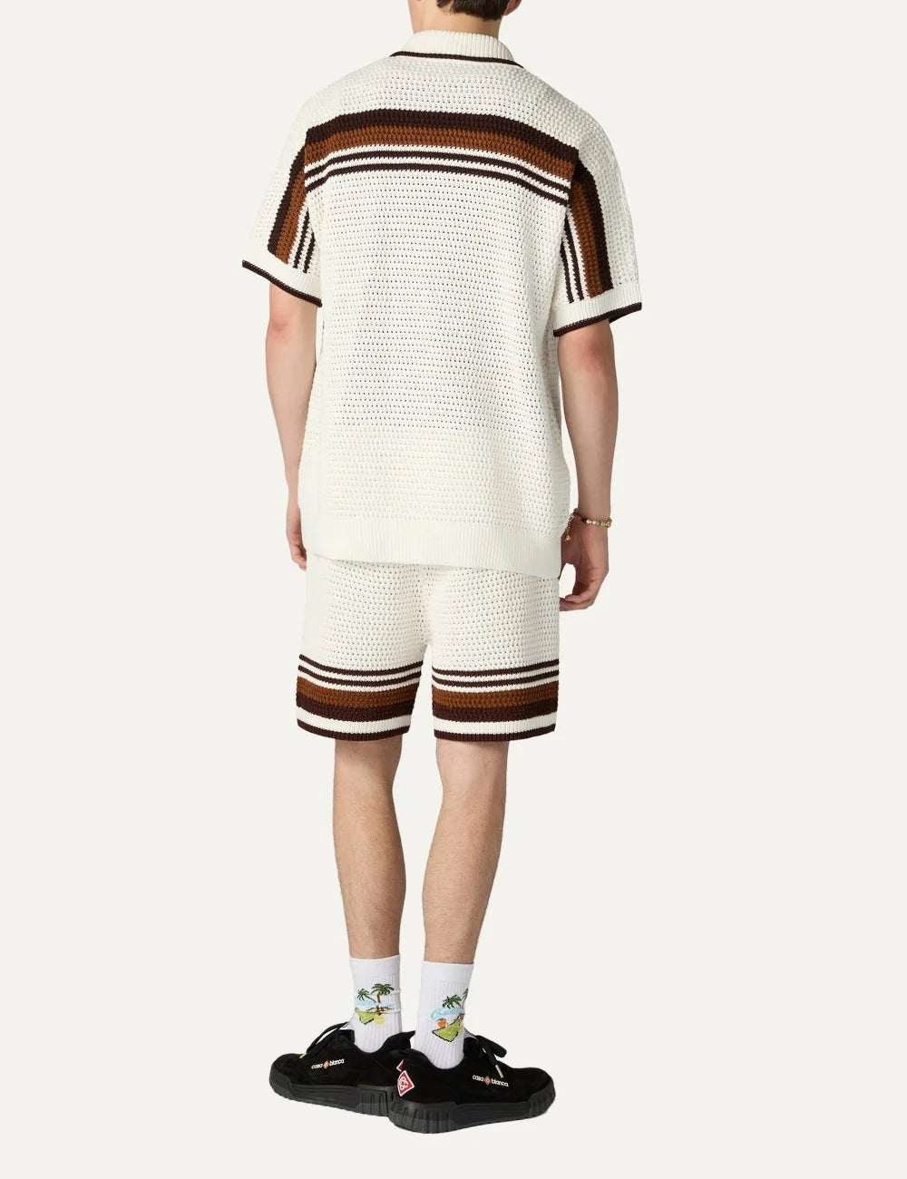 Casablanca men's white cotton crochet shorts with brown stripes back