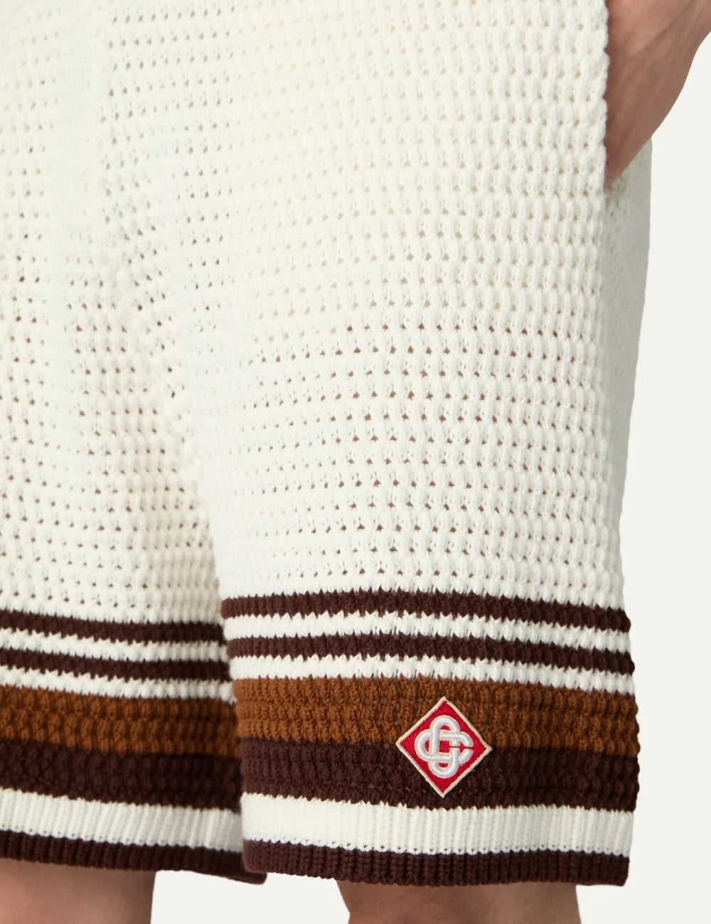 Casablanca men's white cotton crochet shorts with brown stripes detail