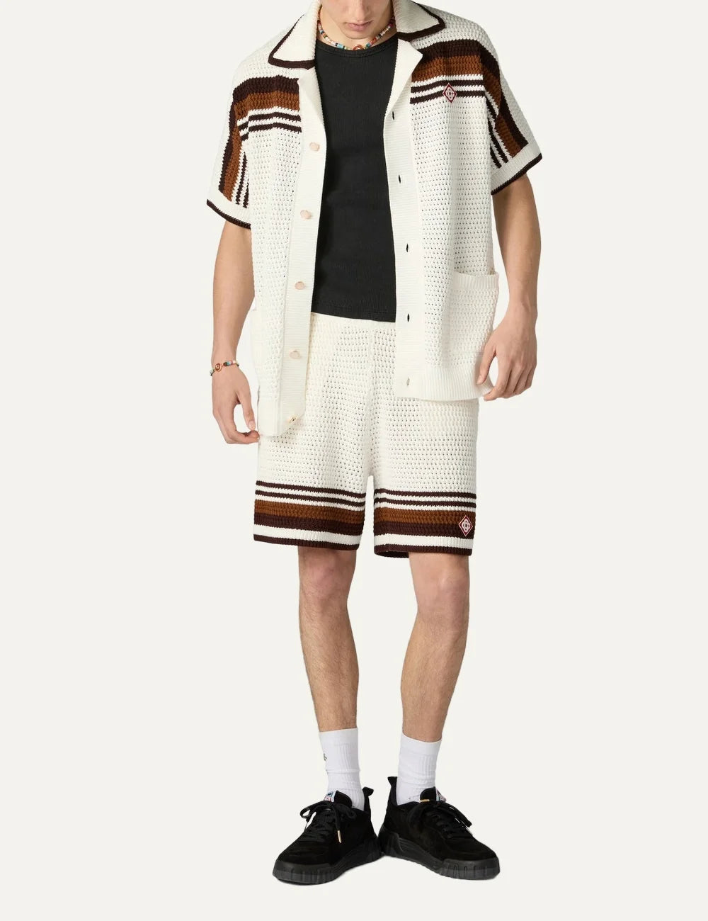 Casablanca men's white cotton crochet shorts with brown stripes full body