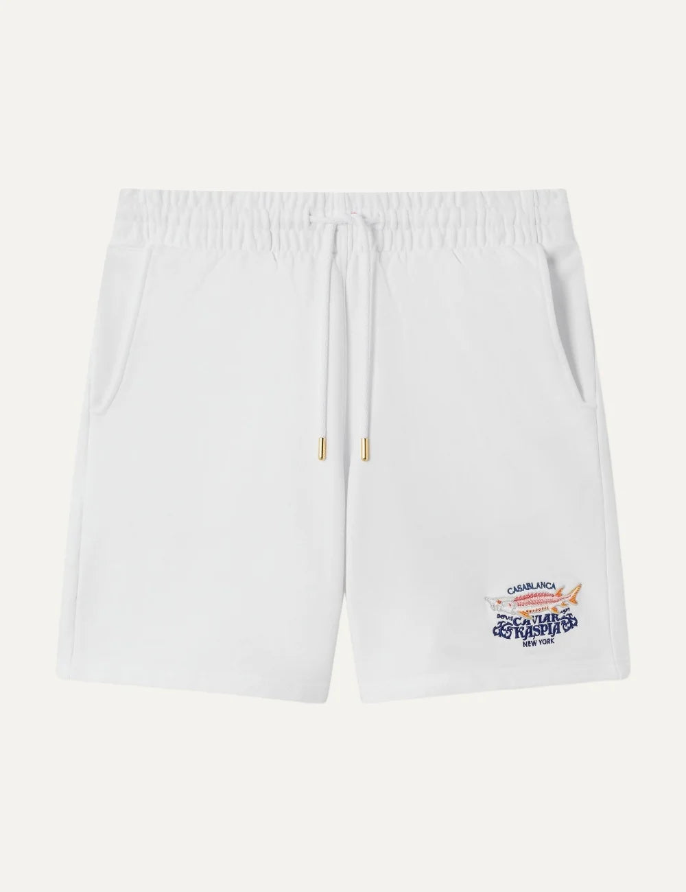 Casablanca men's white organic cotton shorts with Caviar Kaspia graphic