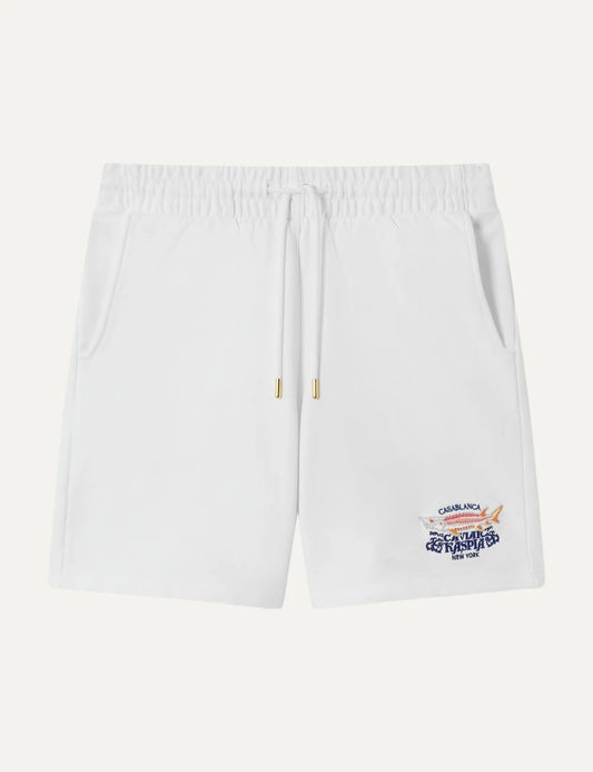 Casablanca men's white organic cotton shorts with Caviar Kaspia graphic