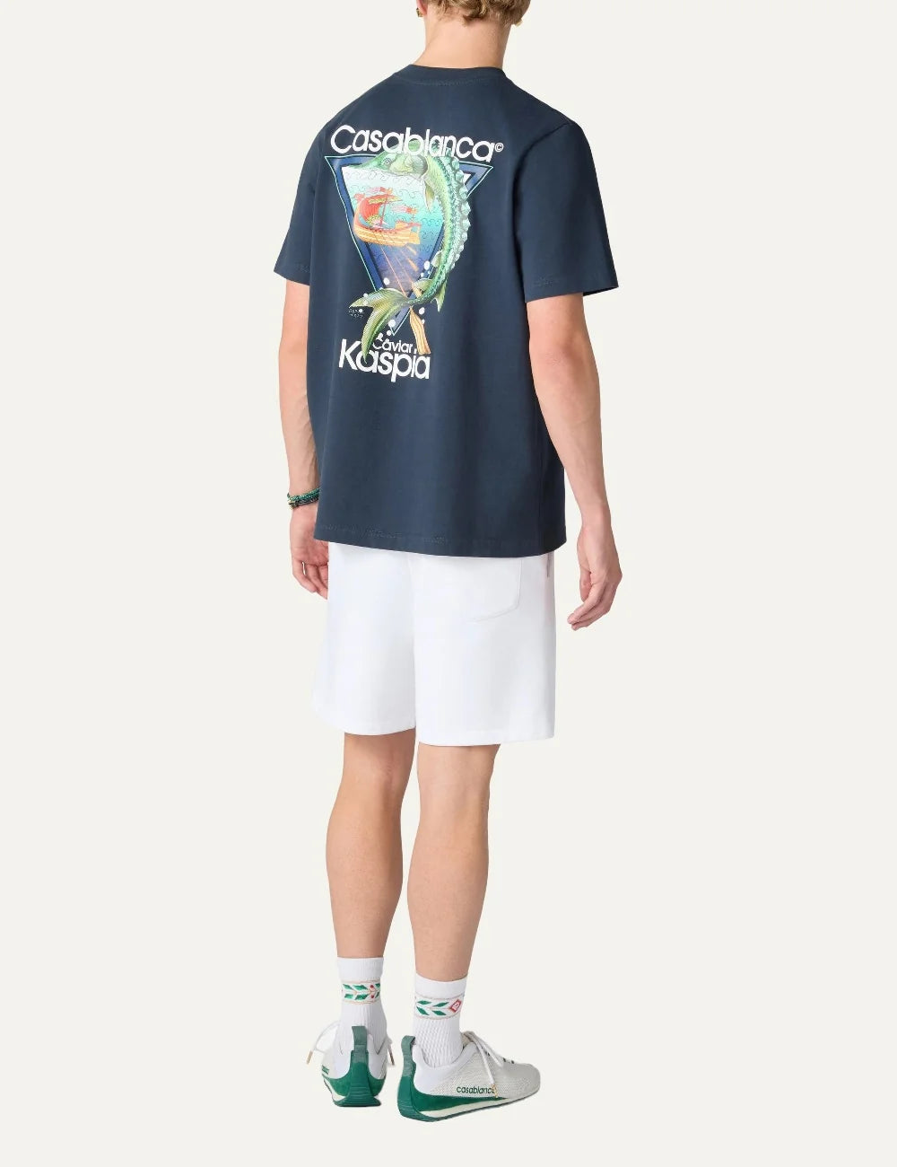 Casablanca men's white organic cotton shorts with Caviar Kaspia graphic back