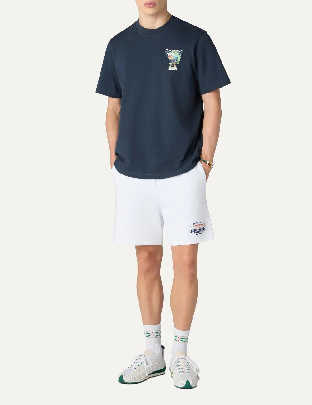 Casablanca men's white organic cotton shorts with Caviar Kaspia graphic full body