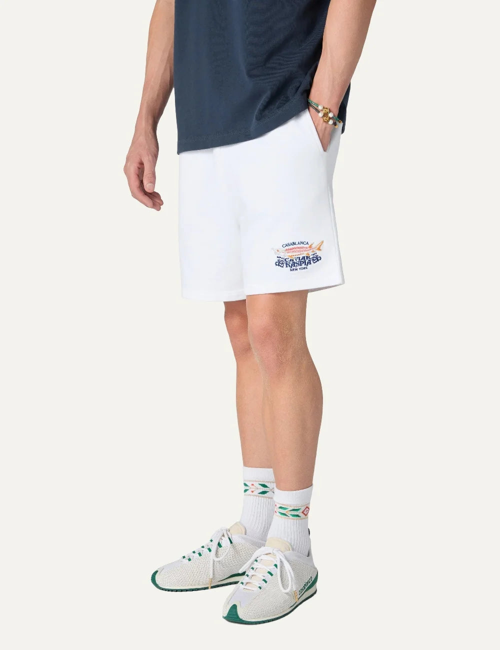 Casablanca men's white organic cotton shorts with Caviar Kaspia graphic side
