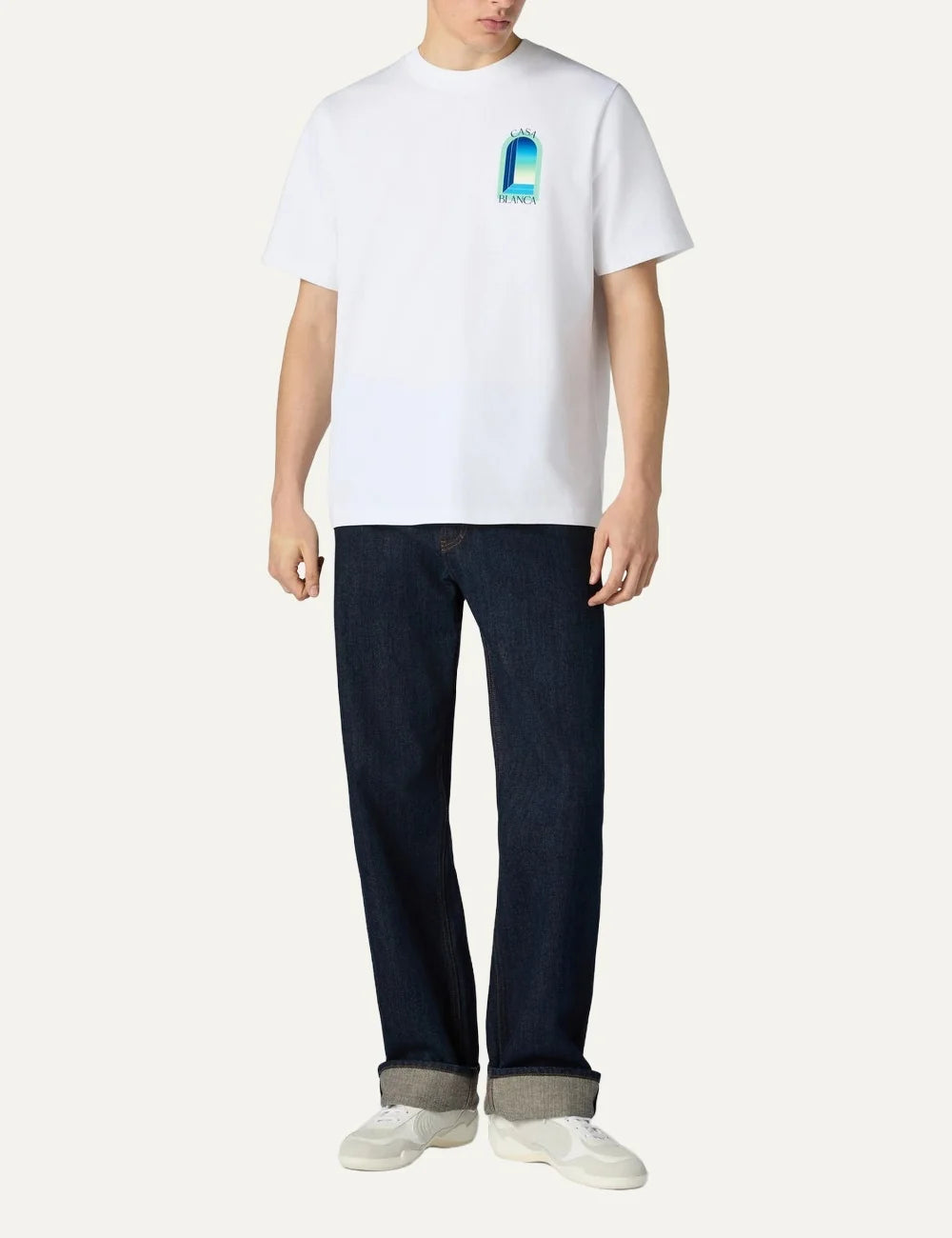 Casablanca men's white organic cotton T-shirt with blue and green chest graphic