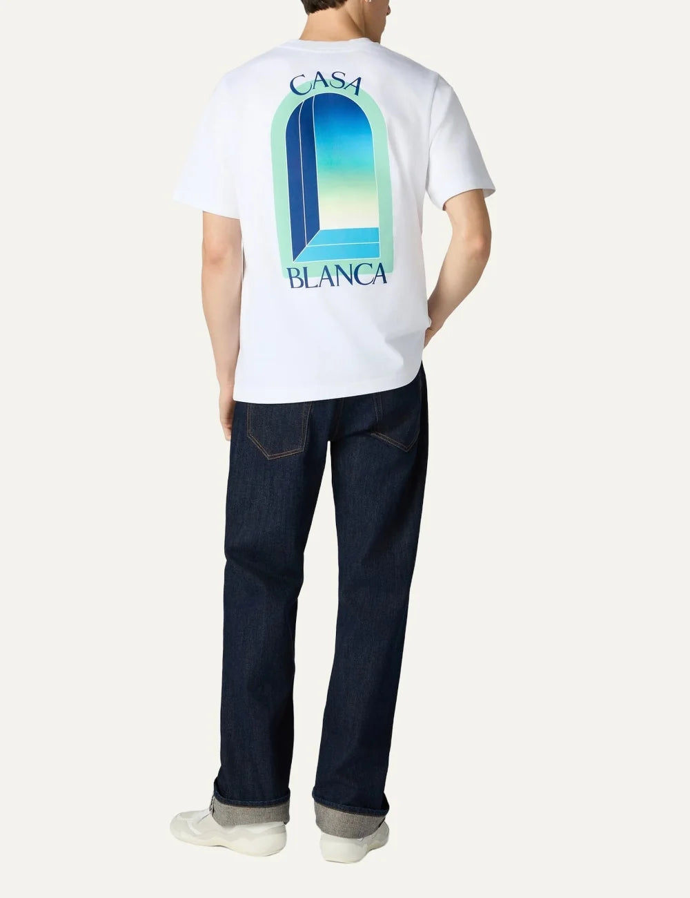 Casablanca men's white organic cotton T-shirt with blue and green chest graphic back