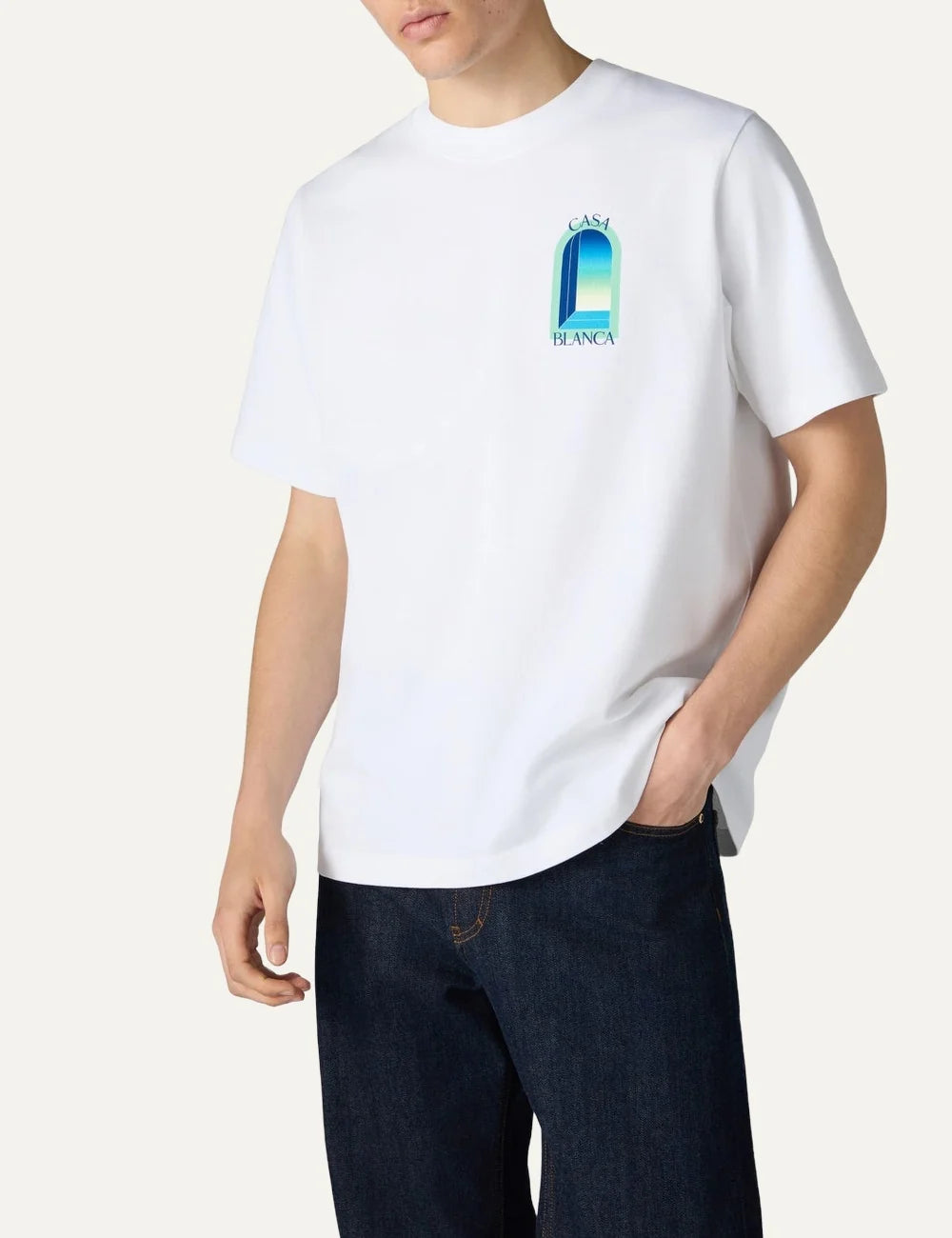 Casablanca men's white organic cotton T-shirt with blue and green chest graphic model
