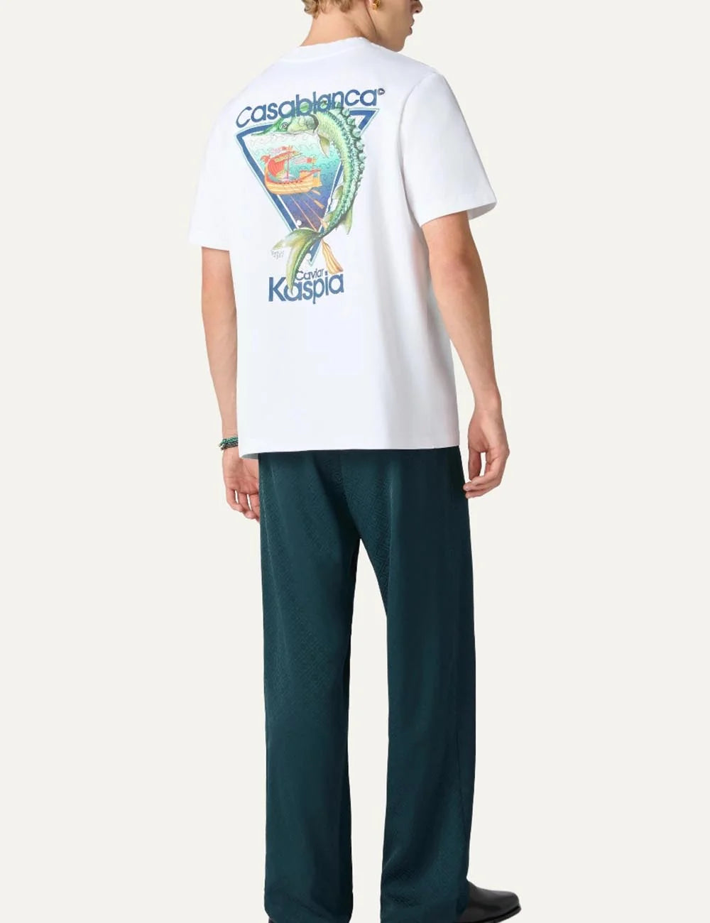 Casablanca men's white organic cotton T-shirt with Caviar Kaspia graphic print back