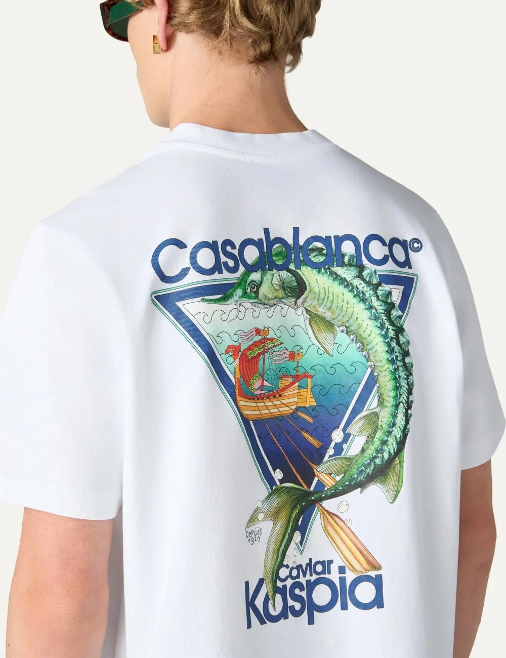 Casablanca men's white organic cotton T-shirt with Caviar Kaspia graphic print back detail