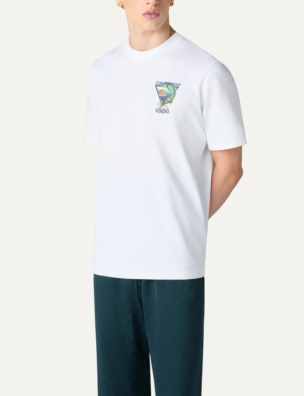 Casablanca men's white organic cotton T-shirt with Caviar Kaspia graphic print model