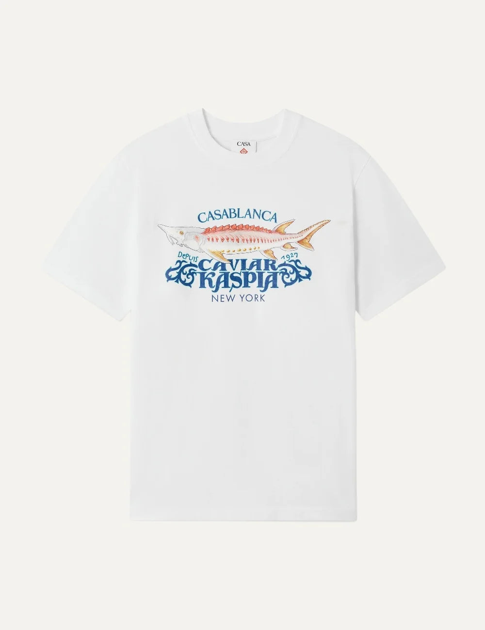 Casablanca men's white organic cotton T-shirt with Caviar Kaspia sturgeon graphic print
