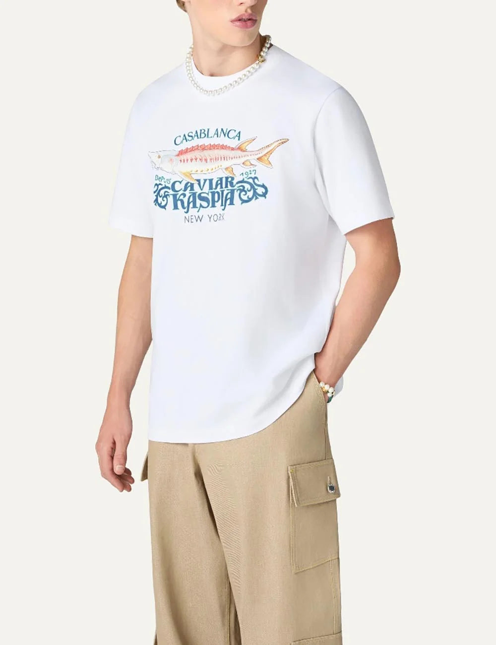 Casablanca men's white organic cotton T-shirt with Caviar Kaspia sturgeon graphic print model