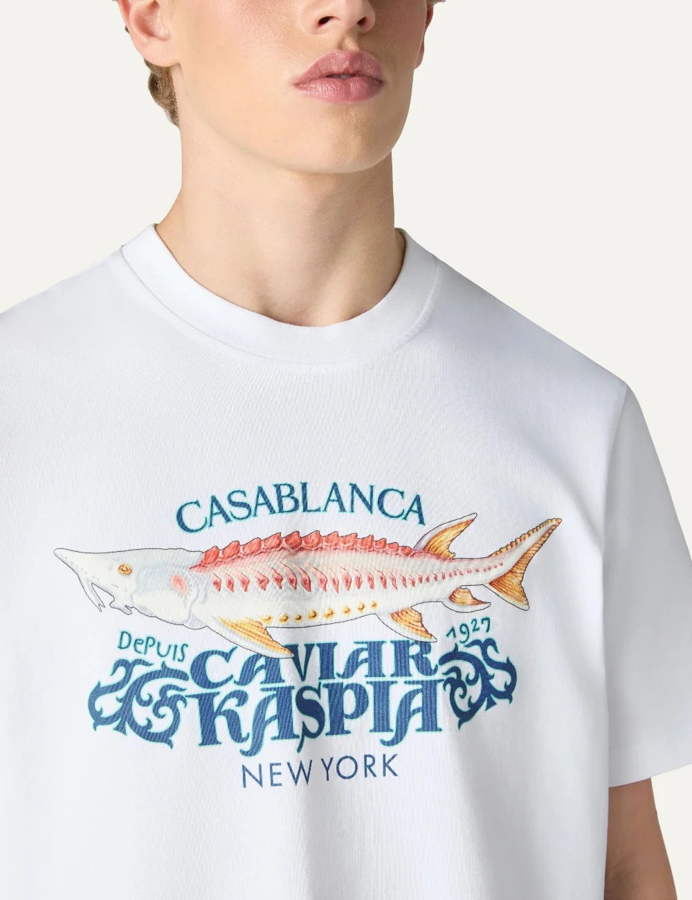 Casablanca men's white organic cotton T-shirt with Caviar Kaspia sturgeon graphic print detail