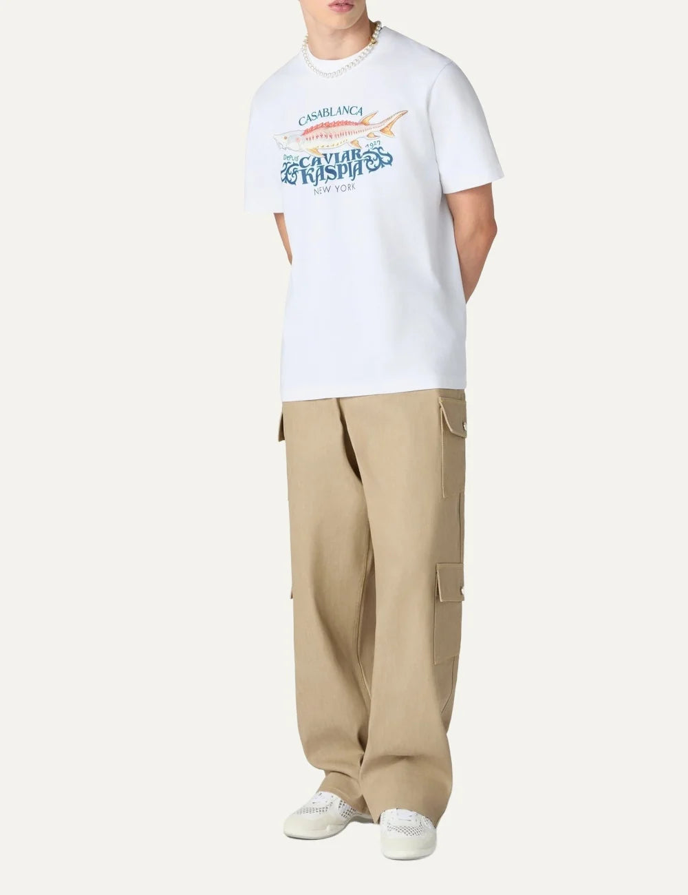 Casablanca men's white organic cotton T-shirt with Caviar Kaspia sturgeon graphic print full body