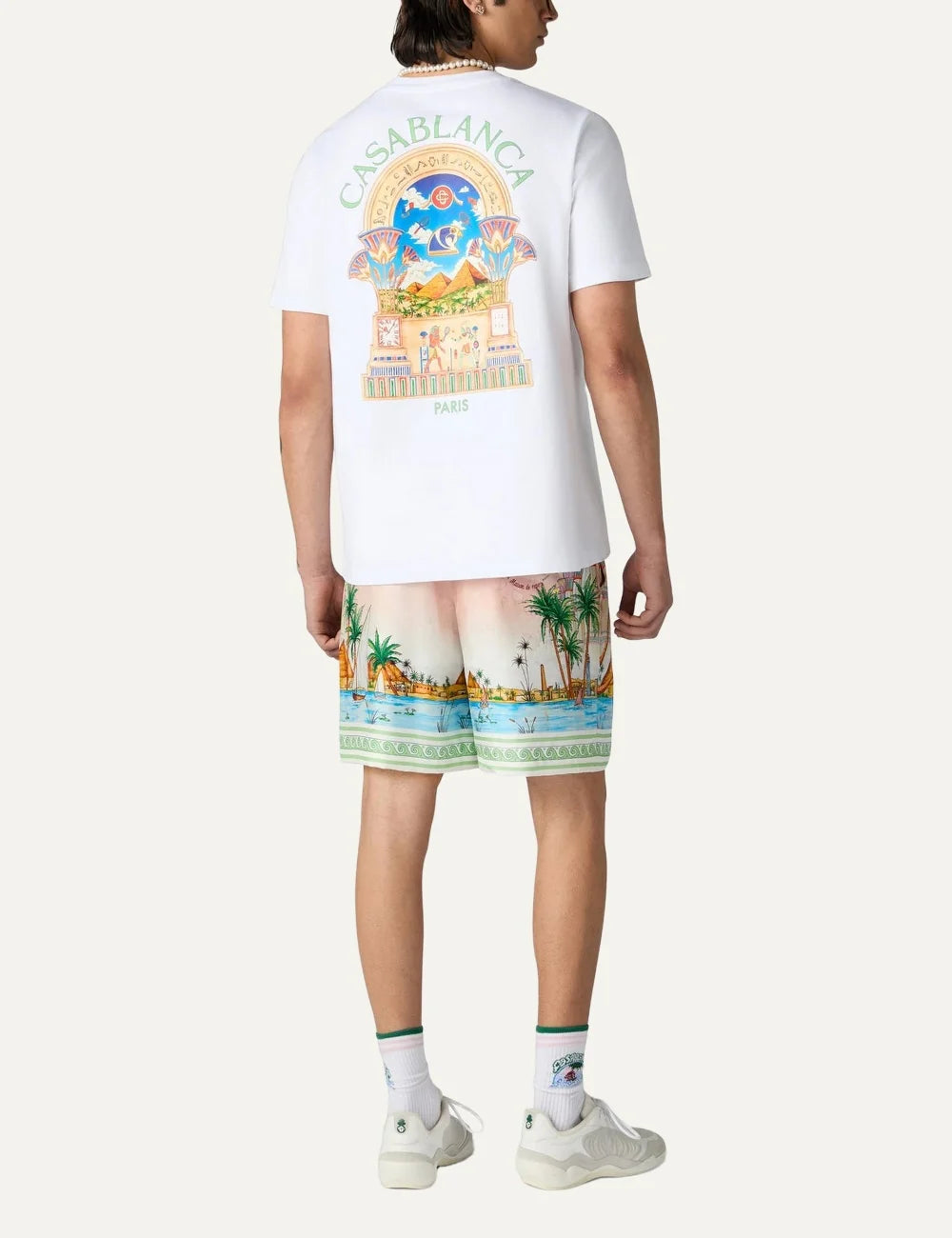 Casablanca men's white organic cotton T-shirt with colorful chest graphic full body