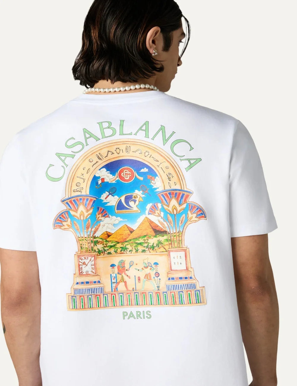 Casablanca men's white organic cotton T-shirt with colorful chest graphic back