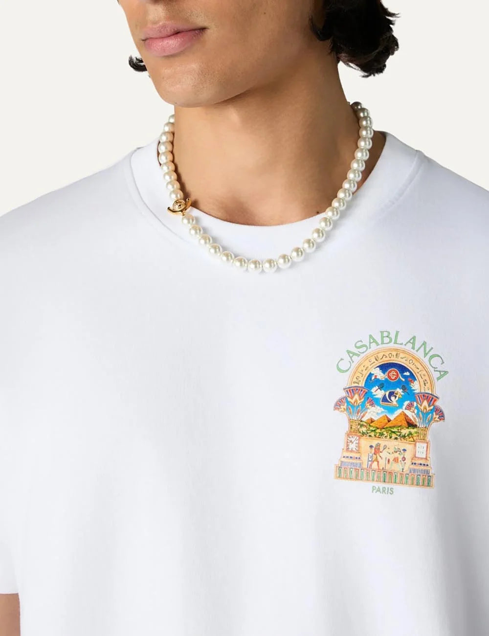Casablanca men's white organic cotton T-shirt with colorful chest graphic detail