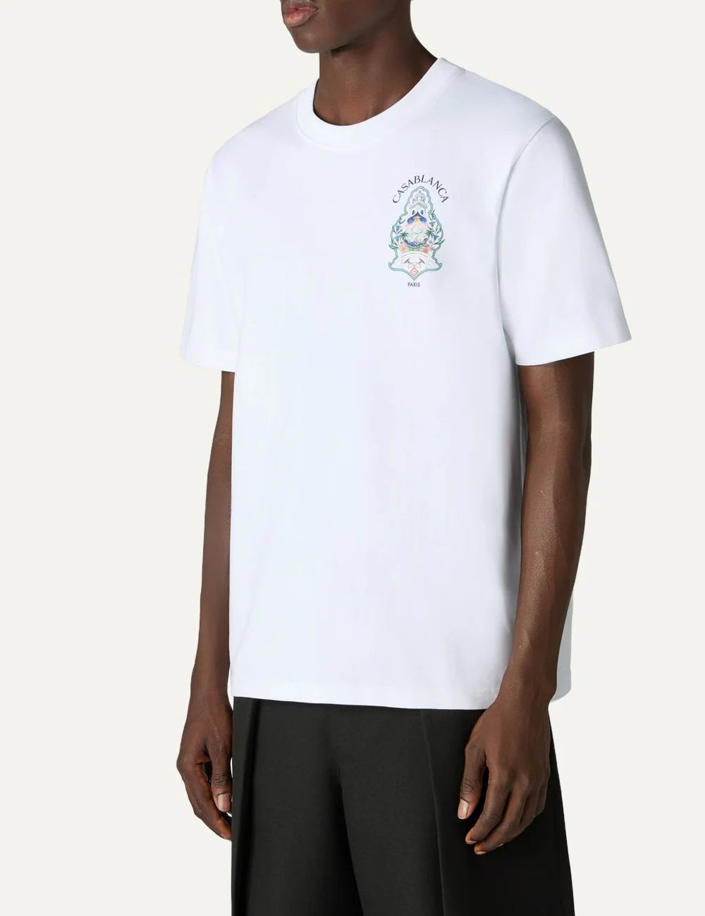 Casablanca men's white organic cotton T-shirt with chest graphic model