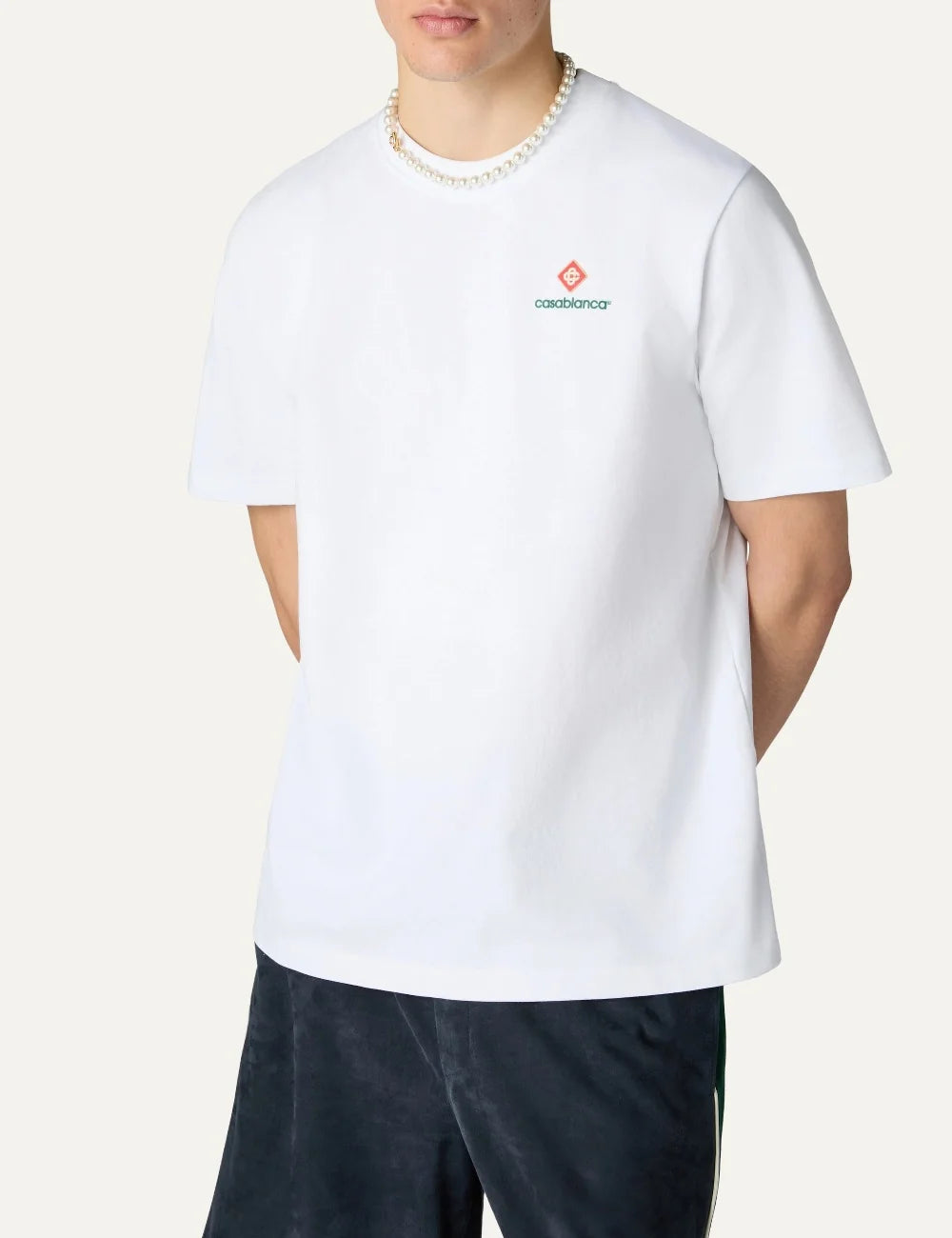 Casablanca men's white organic cotton T-shirt with Diamond logo model