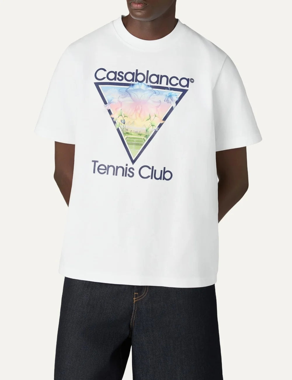 Casablanca men's white organic cotton T-shirt with Tennis Club graphic print model