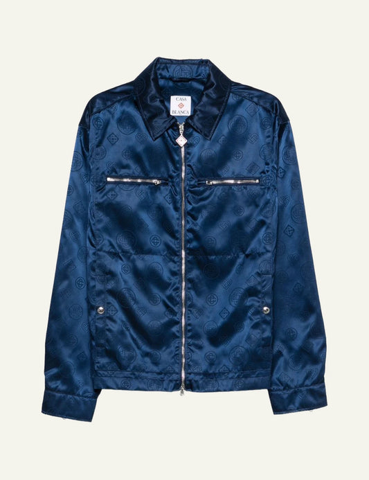 Casablanca monogram shirt blue zip front chest pockets satin finish front flat view