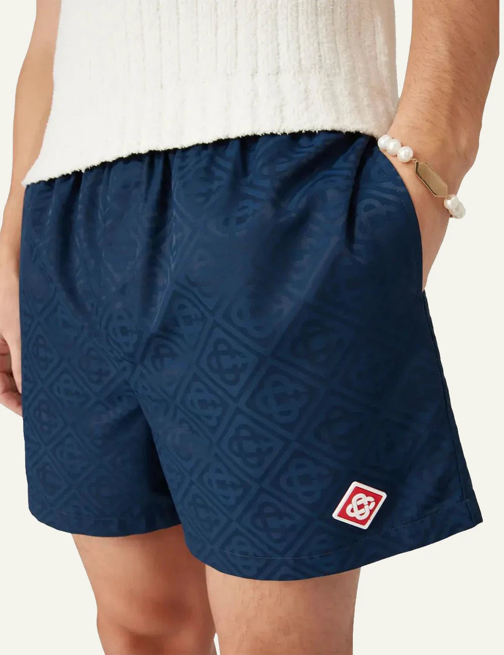 casablanca navy monogram jacquard swim shorts logo patch side