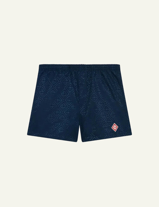casablanca navy monogram jacquard swim shorts logo patch flat