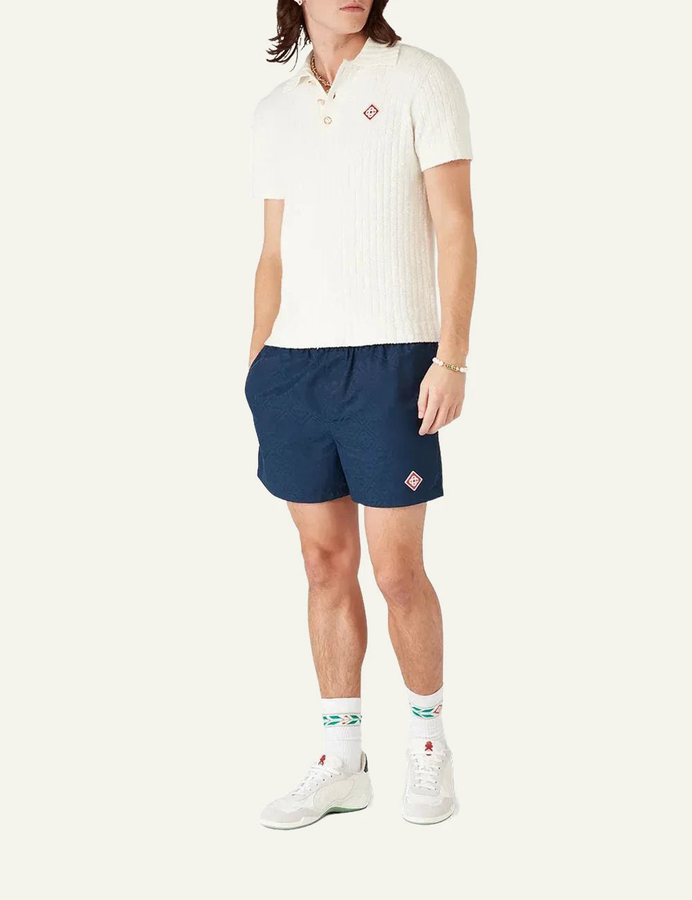 casablanca navy monogram jacquard swim shorts logo patch full body