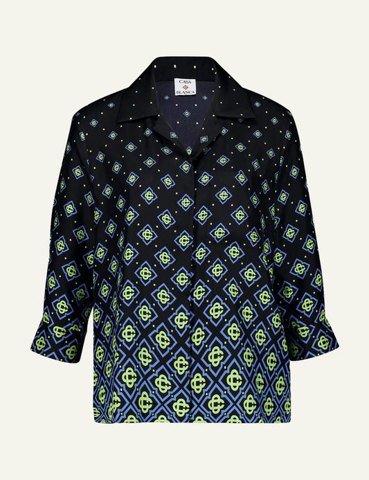 Casablanca Shirt Black Green Monogram Print Front Flat View