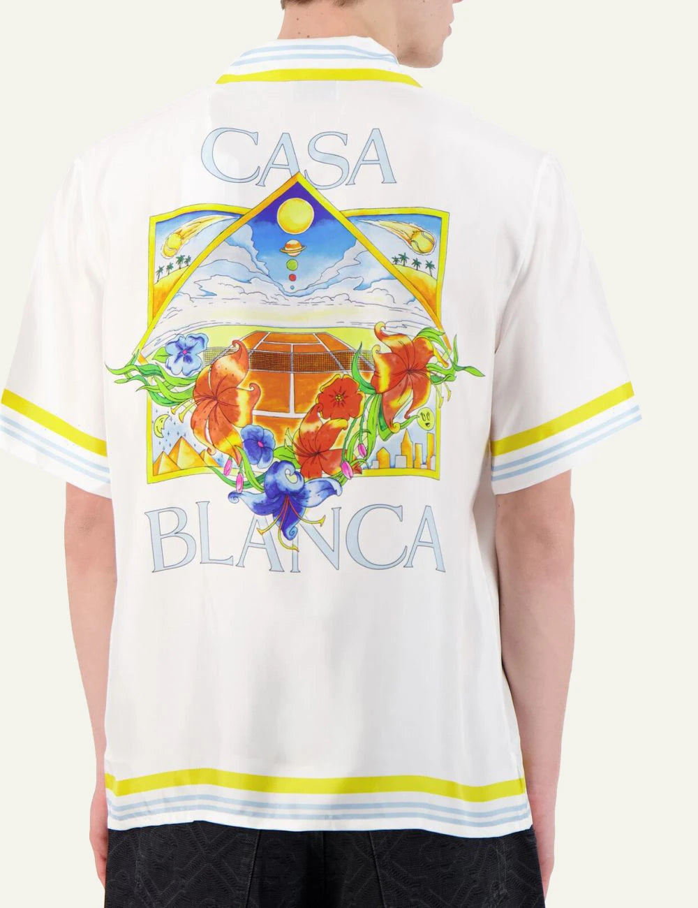 Casablanca Shirt White Yellow Blue Trim Pocket Logo Back Model View