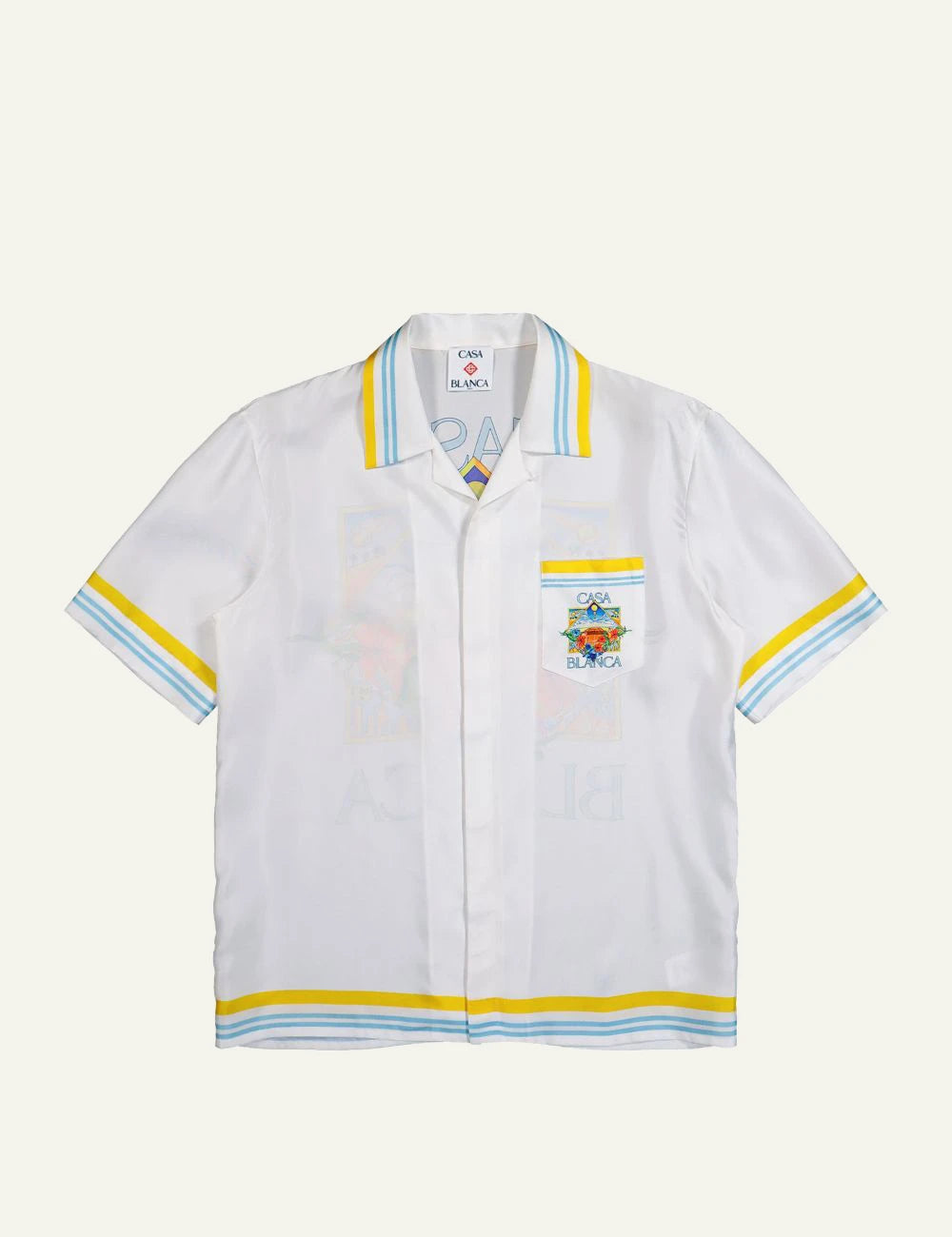 Casablanca Shirt White Yellow Blue Trim Pocket Logo Front Flat View