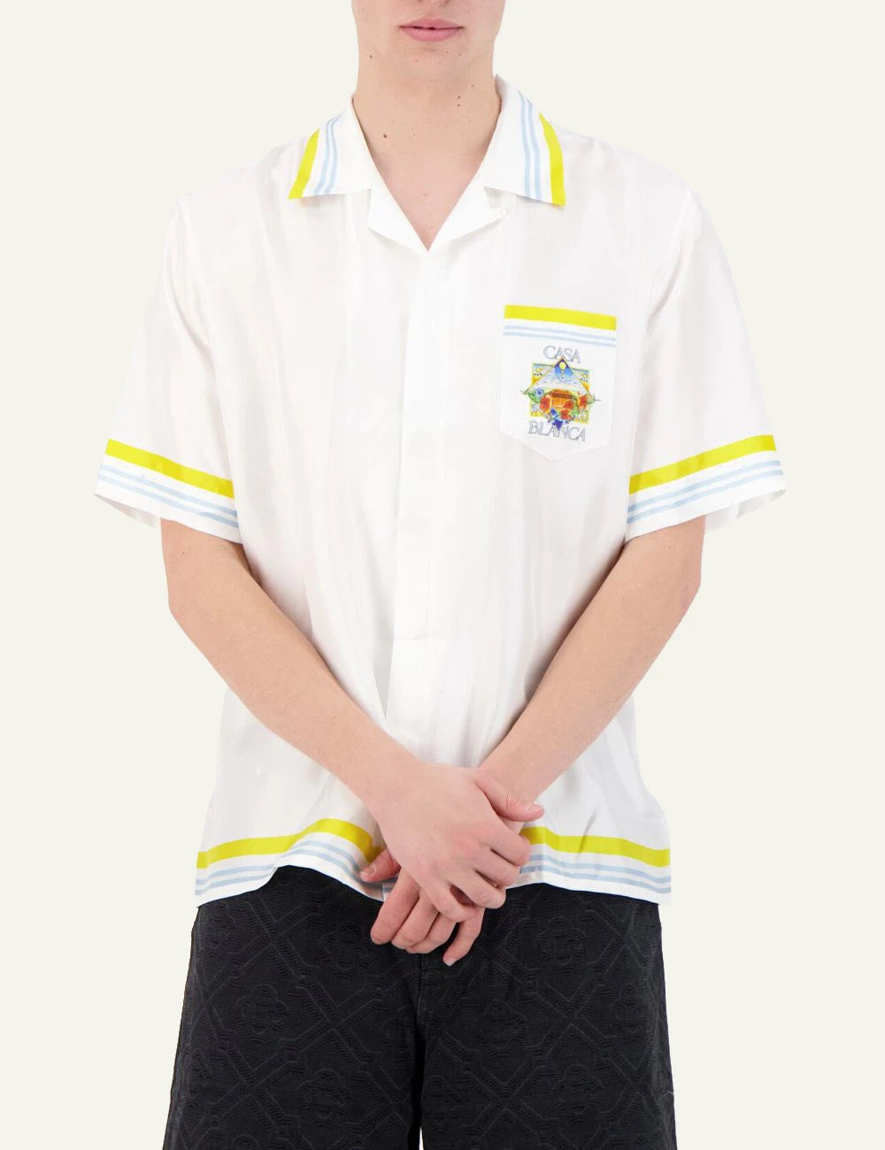 Casablanca Shirt White Yellow Blue Trim Pocket Logo Front Model View
